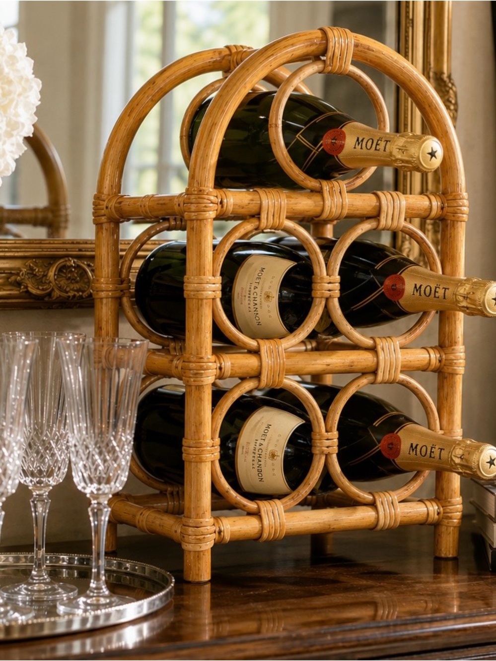 Vintage Rattan Wine Rack Bottle Holder | Holds 5 Bottles